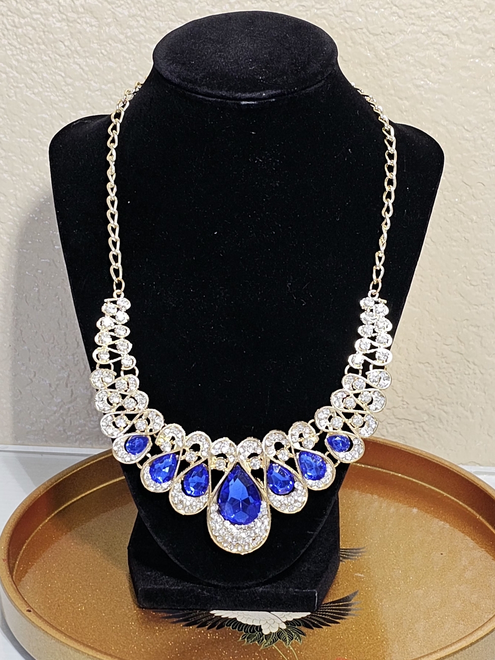 Gold-Tone Statement Necklace with Sapphire Blue Teardrop Rhinestones